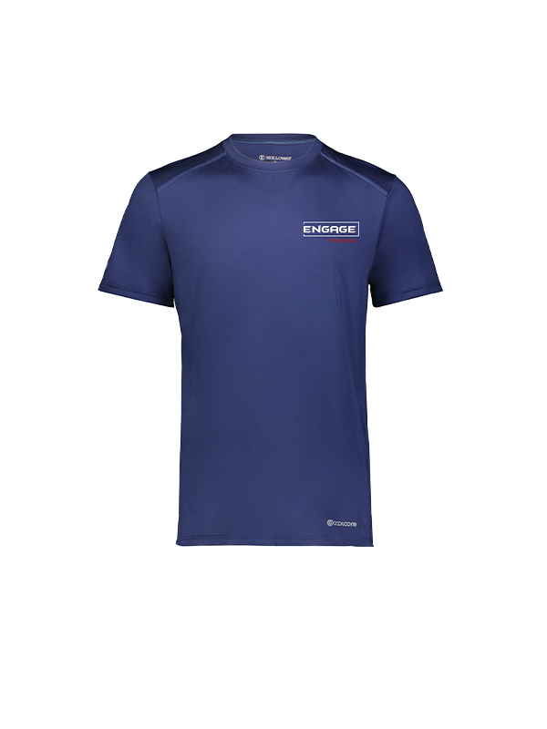 Navy blue men's athletic tee by EngagePickleball, front view with crew neck and 'ENGAGE' chest logo.