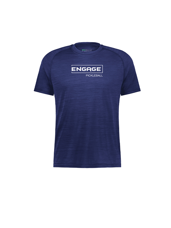 Navy blue heathered performance t-shirt by EngagePickleball, with a white 'ENGAGE PICKLEBALL' chest graphic.