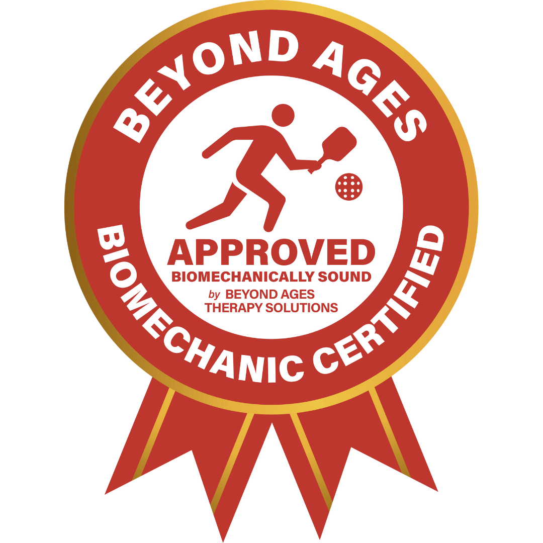Certification badge for a Pro Undergrip by Ethos Pickleball, a red and gold medal featuring a pickleball player icon and 'Biomechanic Certified' text.