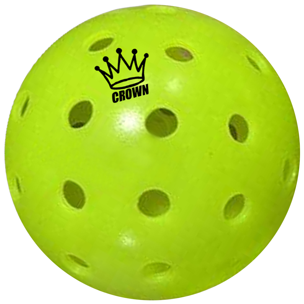 A chartreuse pickleball with a crown logo and numerous holes.
