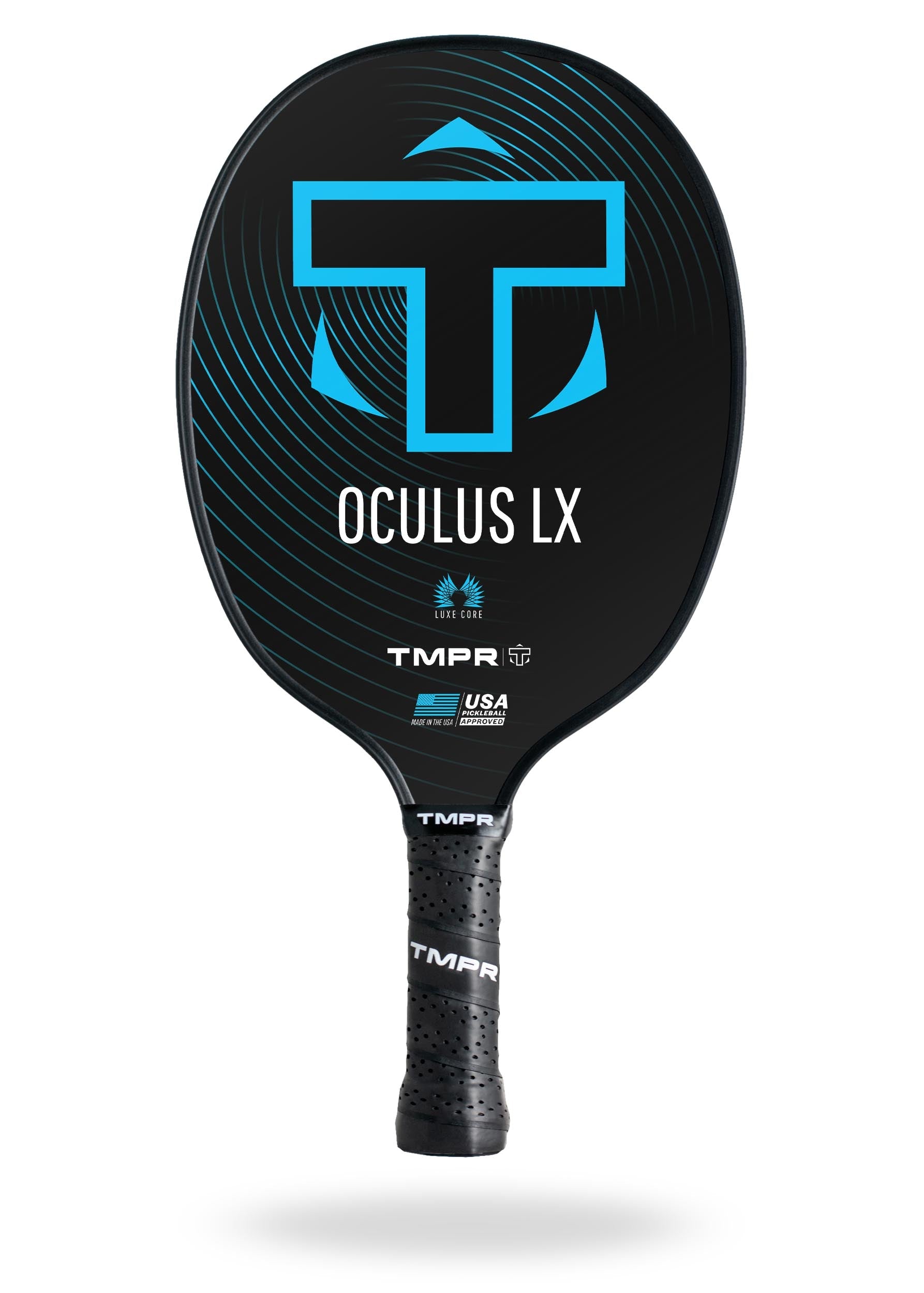 Black pickleball paddle by TMPR Sports featuring a large blue T logo, swirly blue lines, and 'Oculus LX' text.