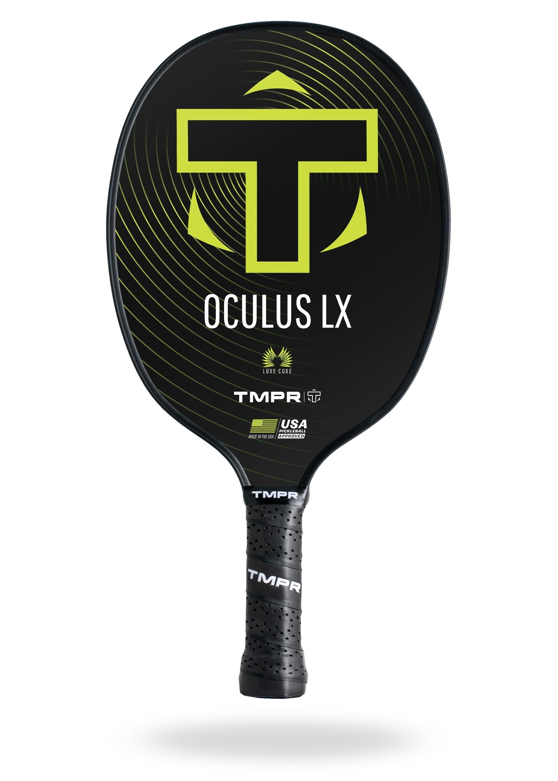 Black pickleball paddle by TMPR Sports with a neon yellow T-logo, Oculus LX text, wavy lines, and perforated grip.