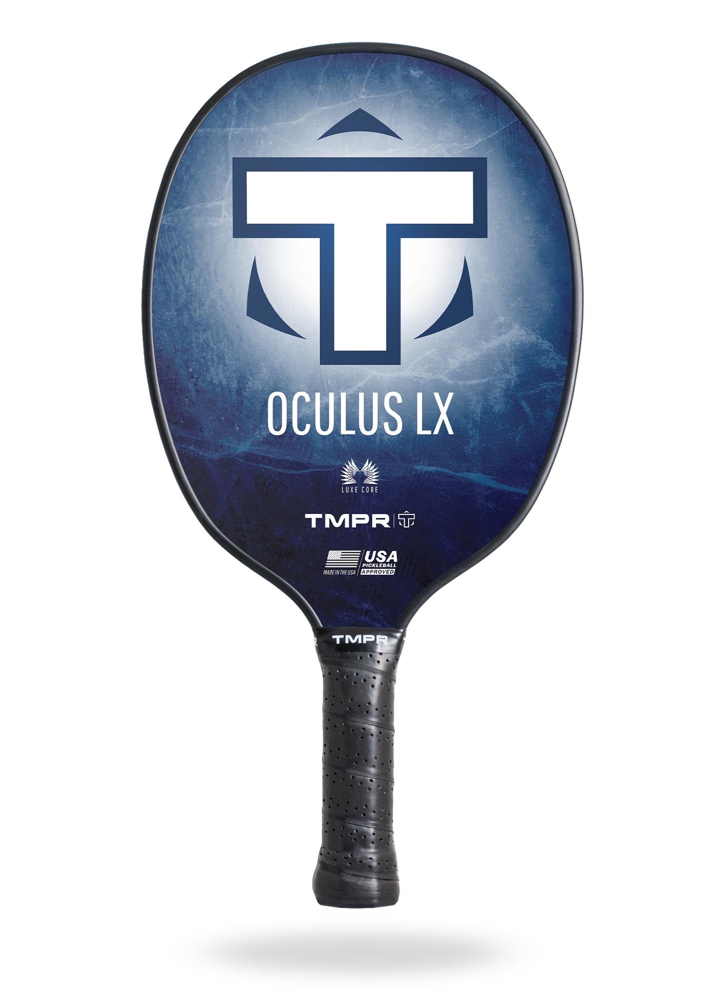 Indigo Ice Oculus LX pickleball paddle by TMPR Sports, featuring a blue ice pattern, white 'T' logo, and a black perforated grip.
