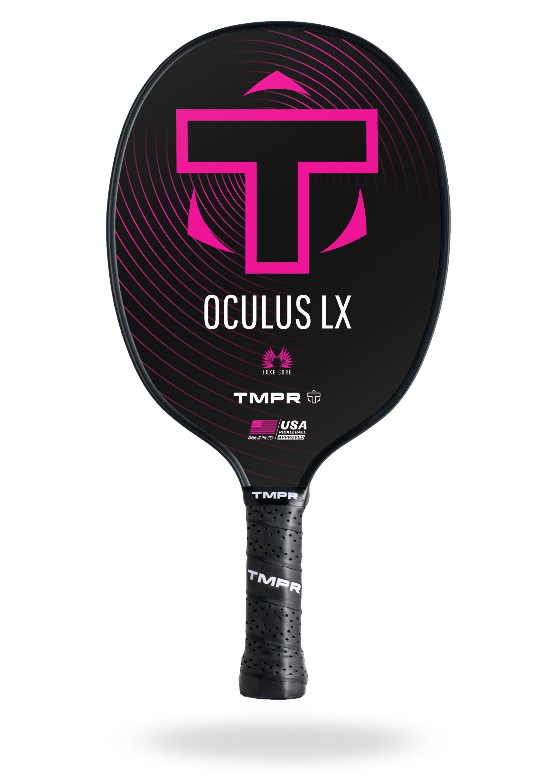 Black pickleball paddle by TMPR Sports featuring a pink T-logo, swirling lines, "OCULUS LX" text, and a perforated black grip.