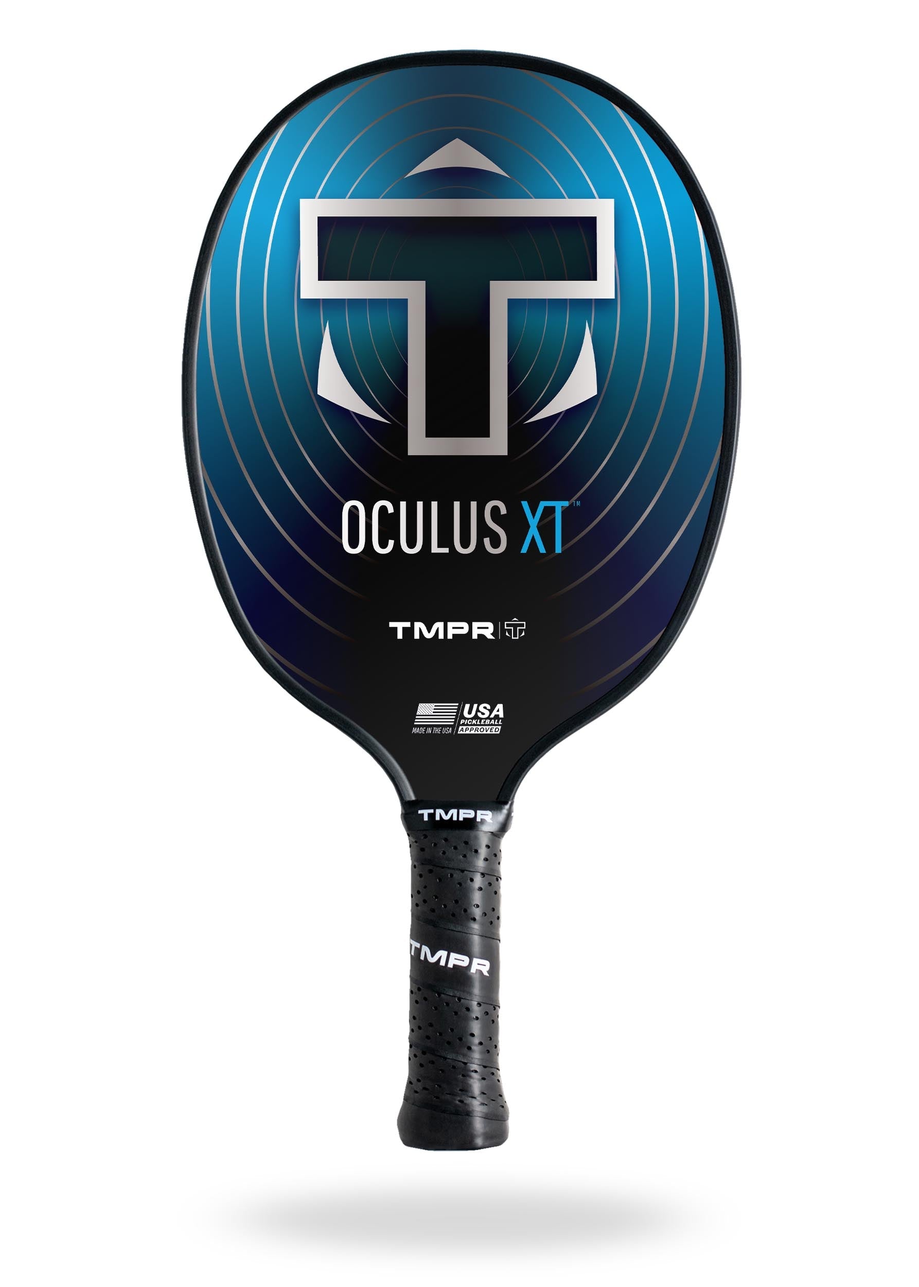 Black and blue pickleball paddle by TMPR Sports, featuring a stylized white 'T' logo, 'OCULUS XT' text, concentric silver lines, and a 'USA Pickleball Approved' seal.
