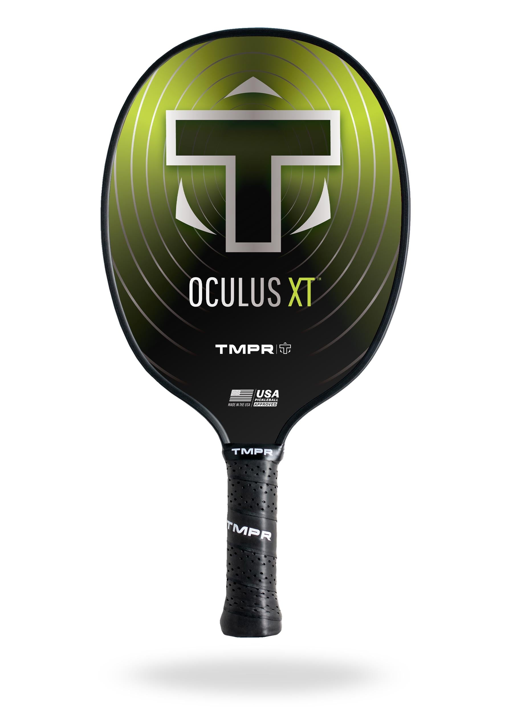 Black and green Oculus XT Pickleball paddle by TMPR Sports, featuring a prominent 'T' logo and textured grip.