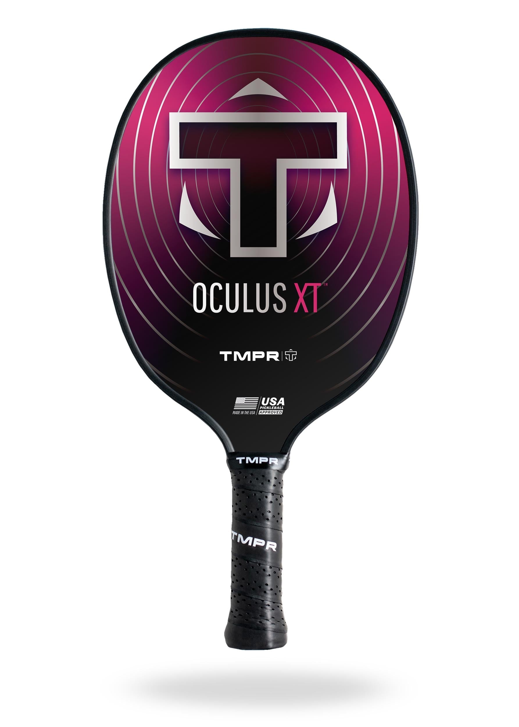 Oculus XT pickleball paddle by TMPR Sports, with a dark magenta to black face, concentric rings, white 'T' logo, and black perforated grip.