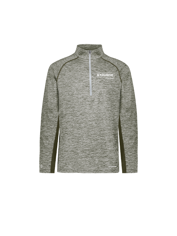 Men's heather grey-green 1/2 zip pullover by EngagePickleball, with a white 'ENGAGE' chest logo, dark green side panels, and a silver zipper.