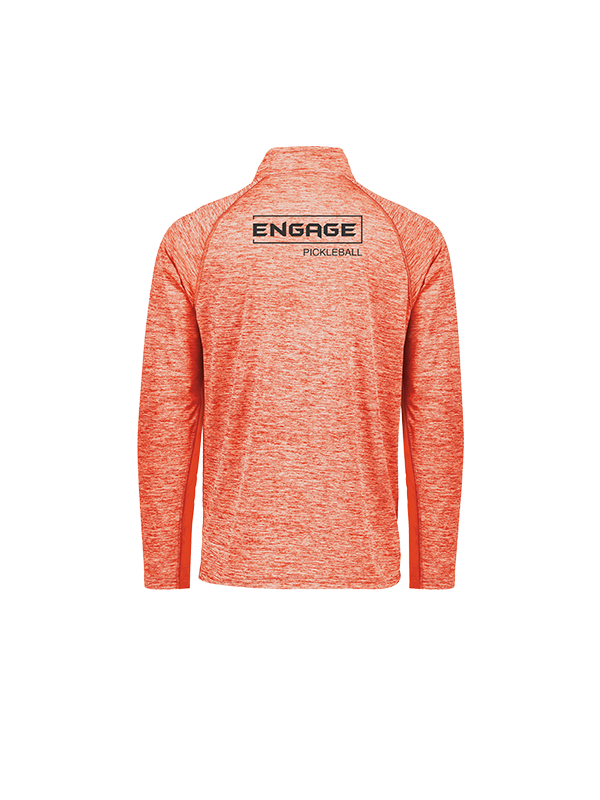 Orange marled men's 1/2 zip pullover by EngagePickleball, back view, showing a black 'ENGAGE PICKLEBALL' logo.