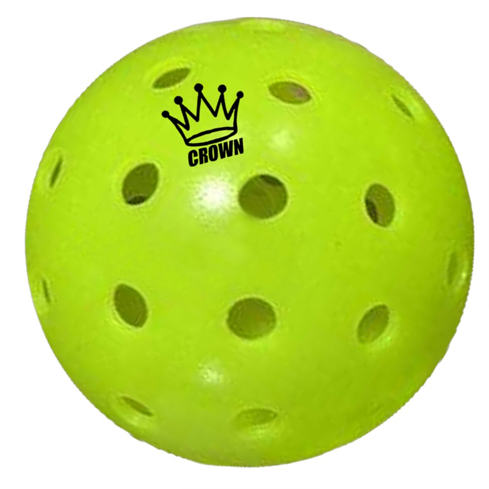 A lime green pickleball with black "CROWN" logo.