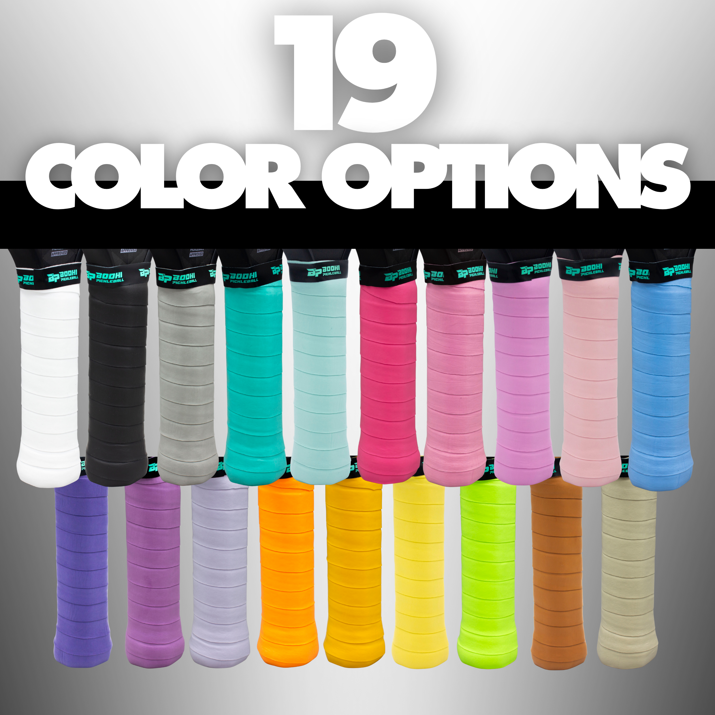 19 colorful pickleball overgrips by DinkersAlley.com, displayed in two rows of diverse solid colors.