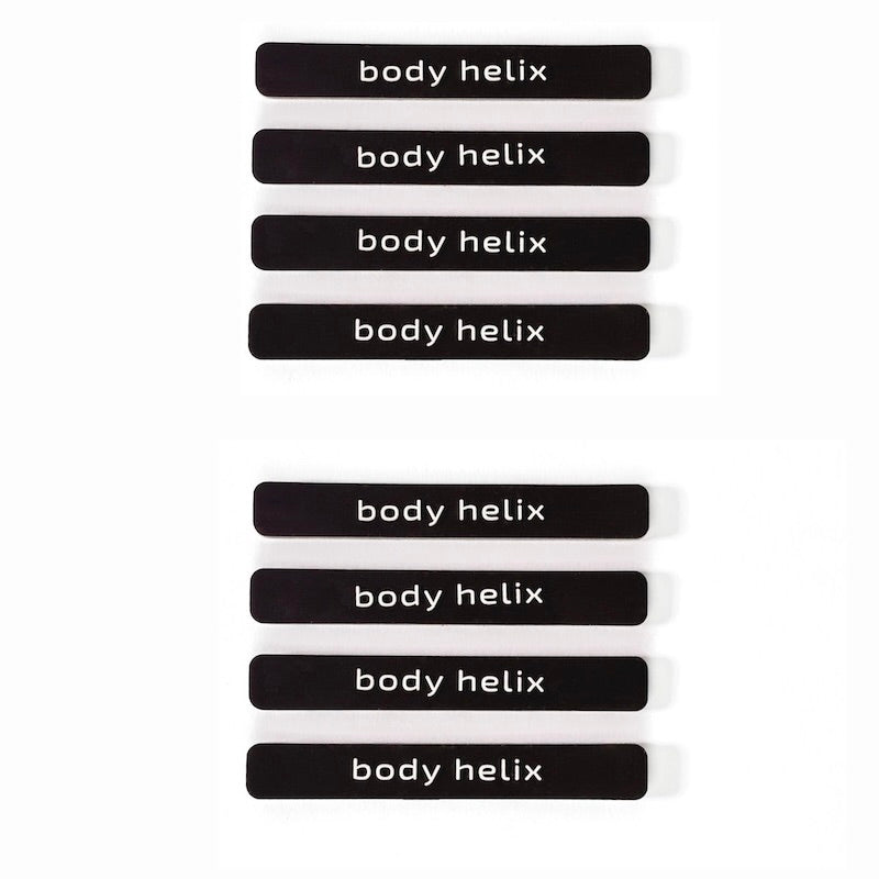 Eight black rectangular labels with the text "body helix" in white.