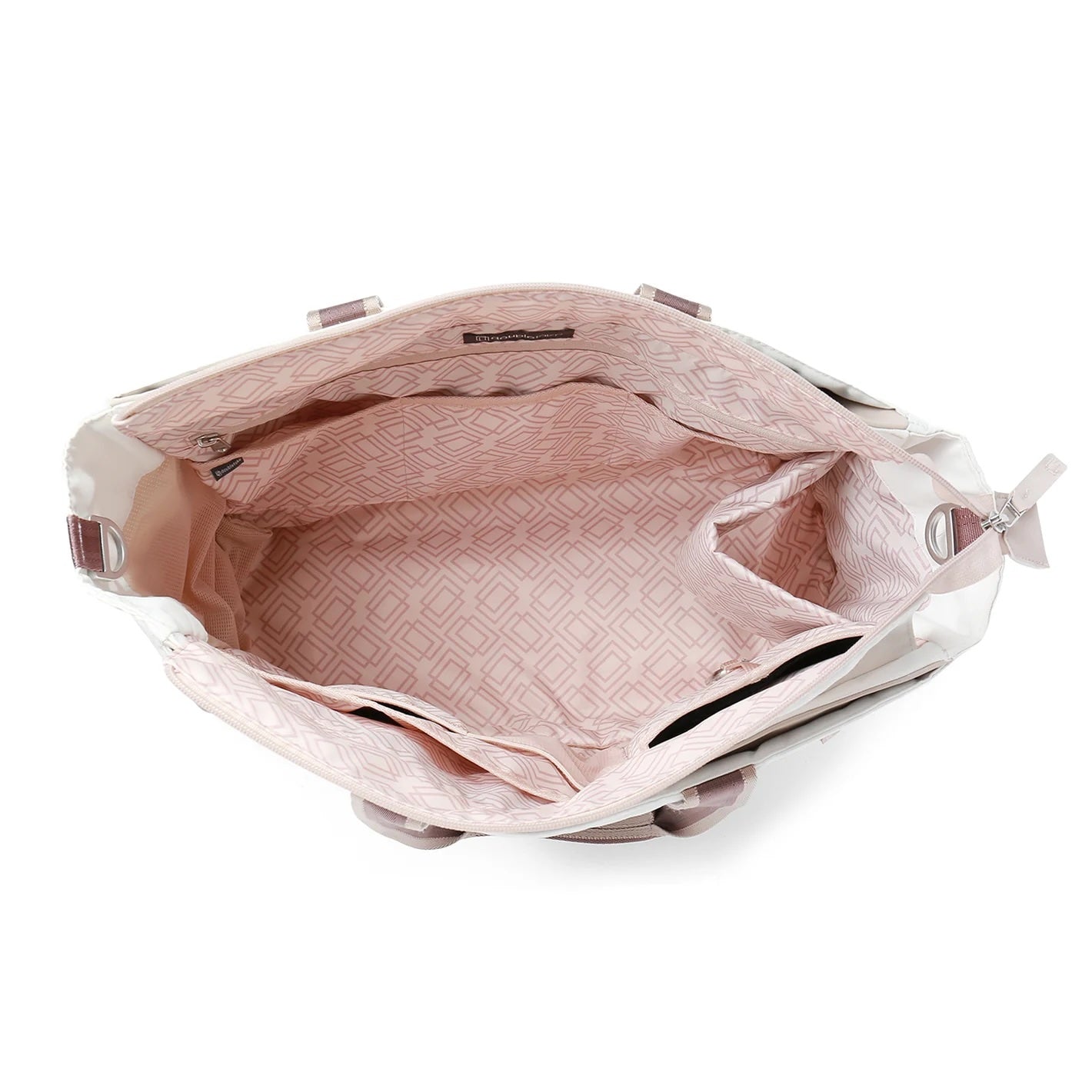 White tennis tote by Doubletake with an open top, featuring pink geometric patterned lining and multiple interior pockets.