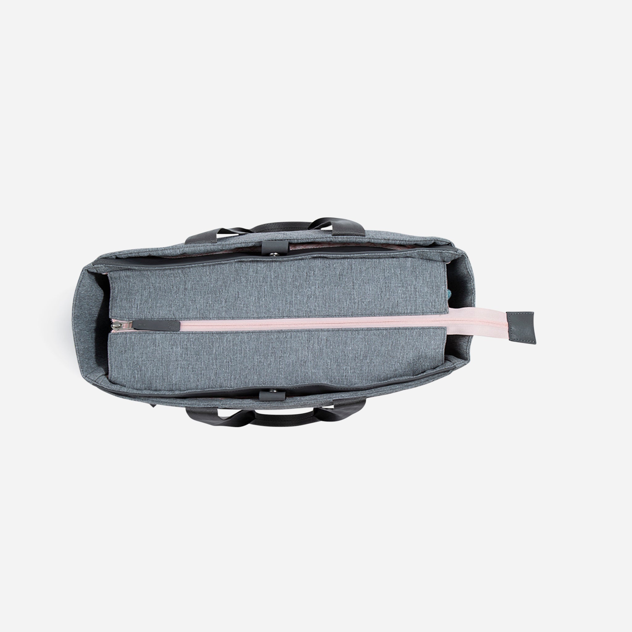 Grey fabric Pickleball Tote by Doubletake with a visible pink zipper, shown from an overhead view.