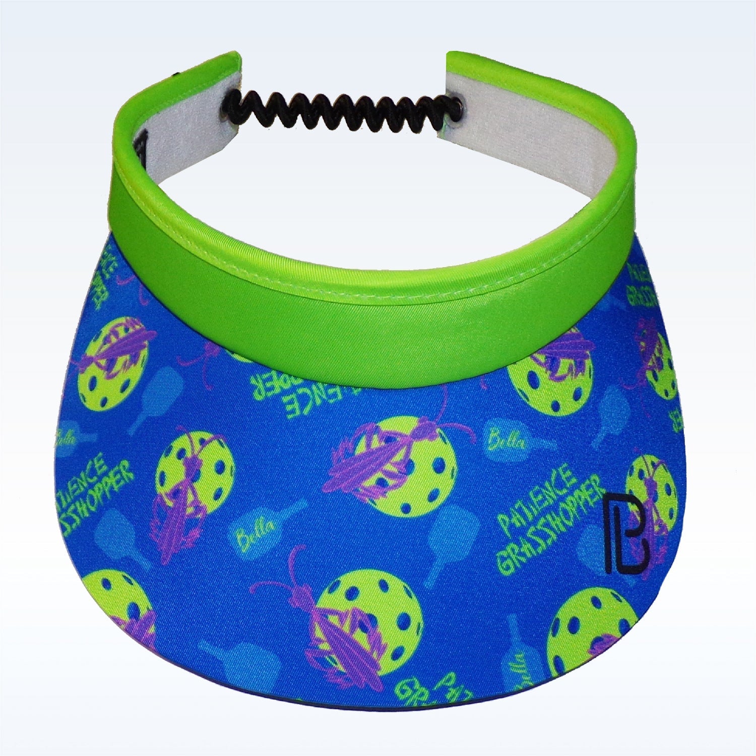 Blue and lime green visor by Pickleball Bella featuring pickleball-themed grasshopper and paddle patterns, with a coiled elastic back.