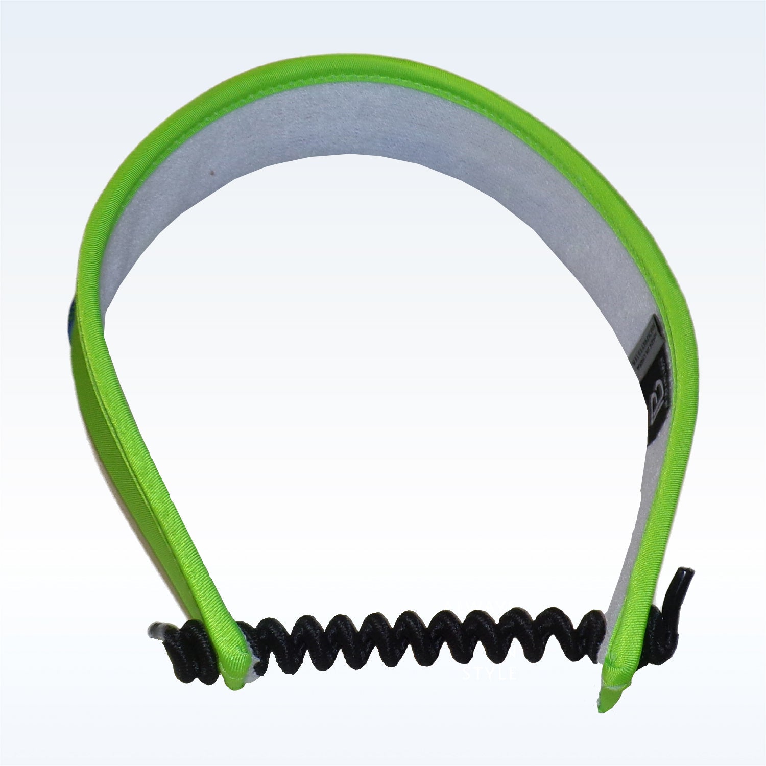 Green curved visor by Pickleball Bella with a white interior lining and a black coiled cord, on a white background.