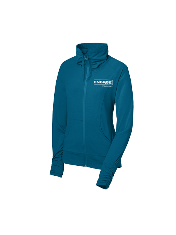 Teal Women's Valor Full-Zip Jacket by EngagePickleball, featuring a high collar, front zipper, side pockets, and ruched sleeves.