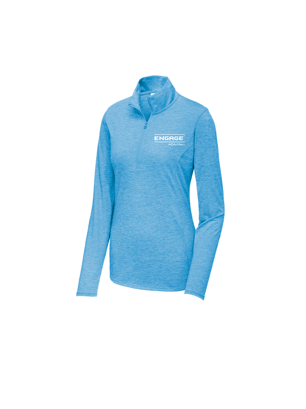 Women's light blue heathered 1/4-Zip Pullover by EngagePickleball with a prominent white "ENGAGE PICKLEBALL" logo on the chest.