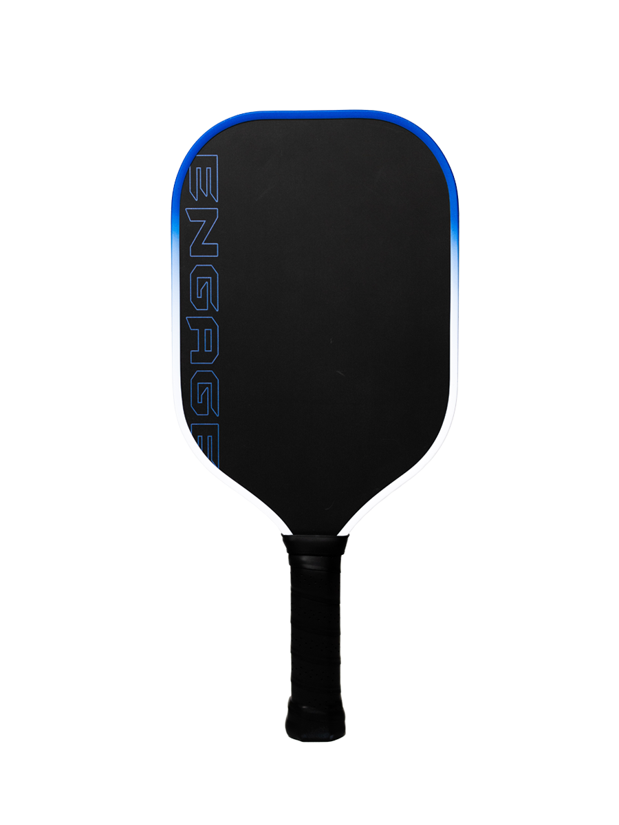 A black pickleball paddle with a blue and white gradient border by EngagePickleball, featuring 'ENGAGE' text and a textured black grip.