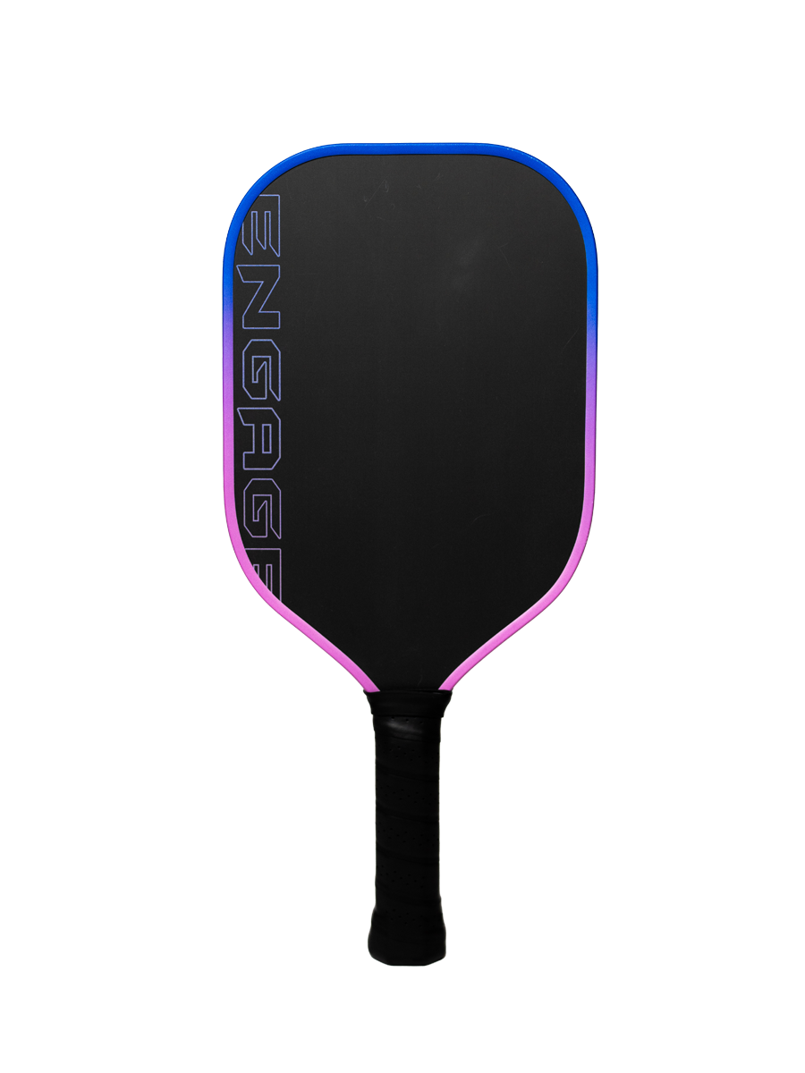 Black pickleball paddle by EngagePickleball with blue to pink gradient trim, vertical 'ENGAGE' text, and black handle.