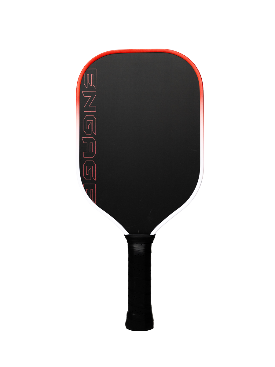 Black pickleball paddle by EngagePickleball with a red border fading to white, and 'ENGAGE' in red outline text.