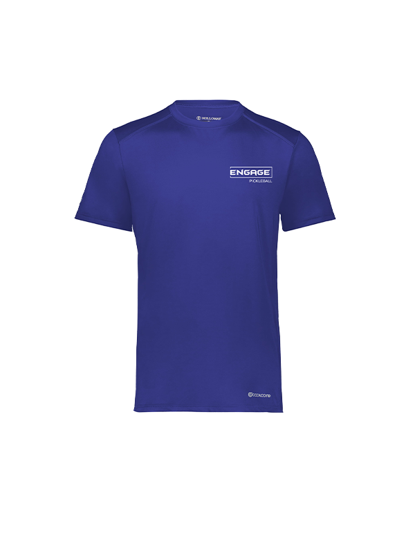 Blue men's short-sleeve t-shirt from EngagePickleball with a white chest logo, Holloway neck tag, and coolcore hem tag.