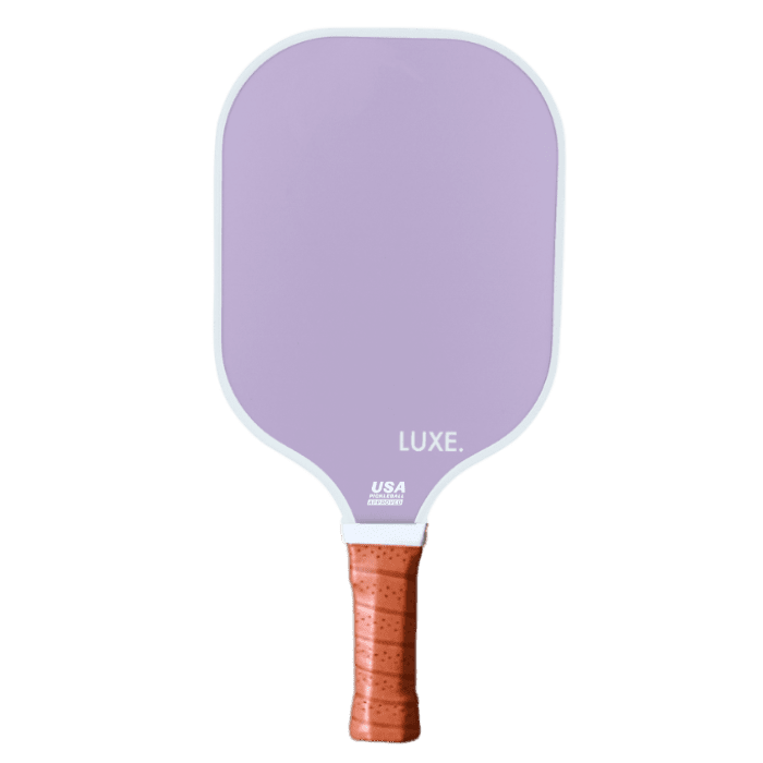 Purple pickleball paddle with brown grip.