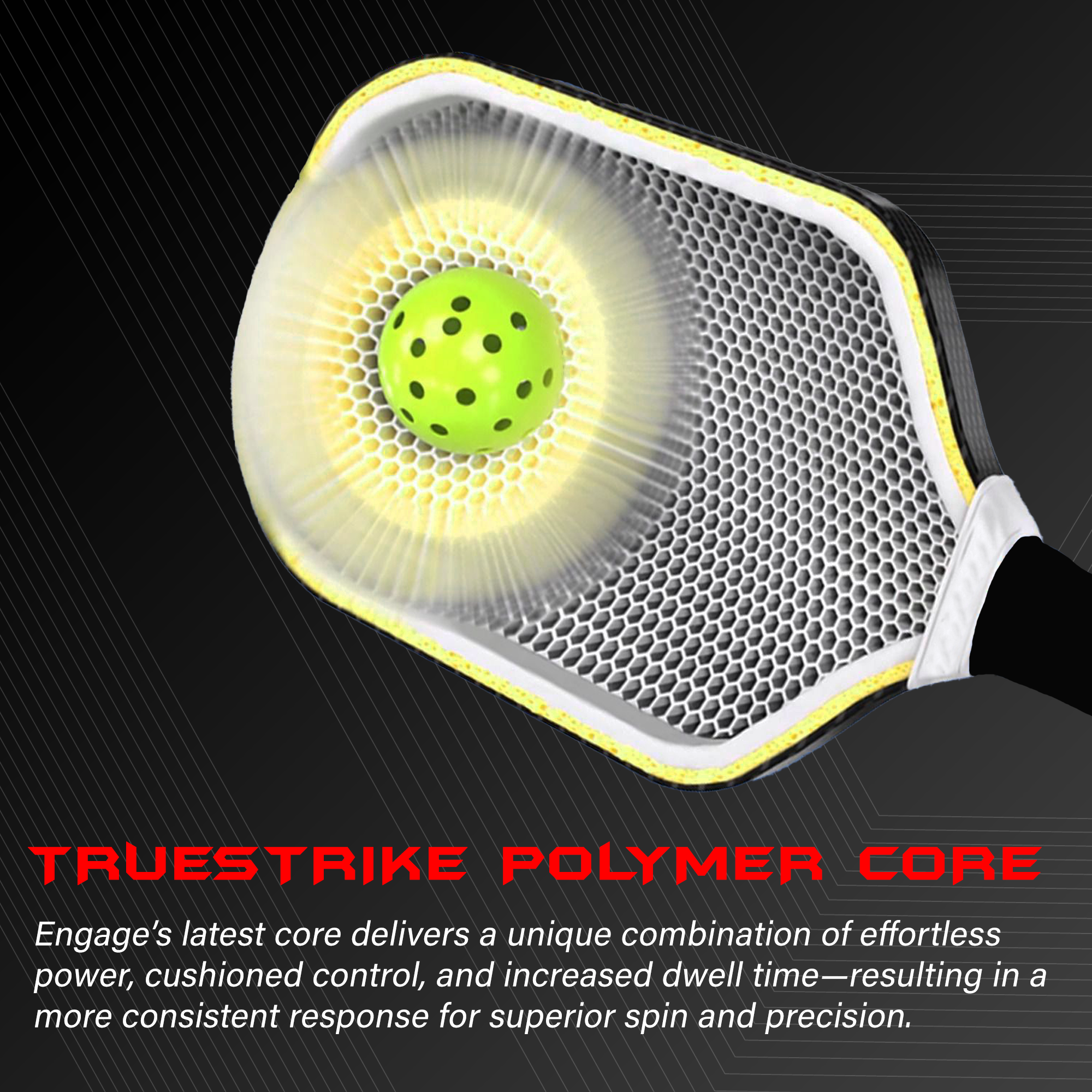 Cutaway pickleball paddle by EngagePickleball showing honeycomb core and a bright green ball glowing.