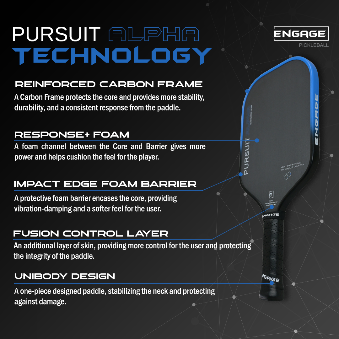 Black and blue pickleball paddle by EngagePickleball, featuring a black grip and a slightly angled view.