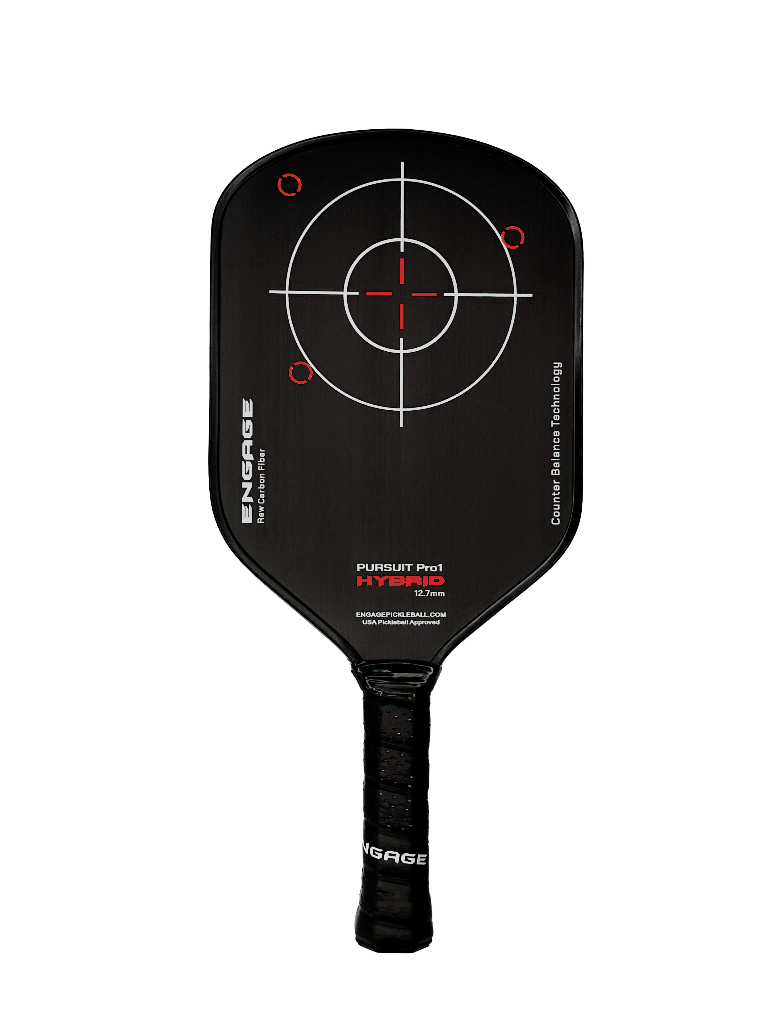 Black raw carbon fiber paddle by EngagePickleball, featuring a white and red target graphic and text.