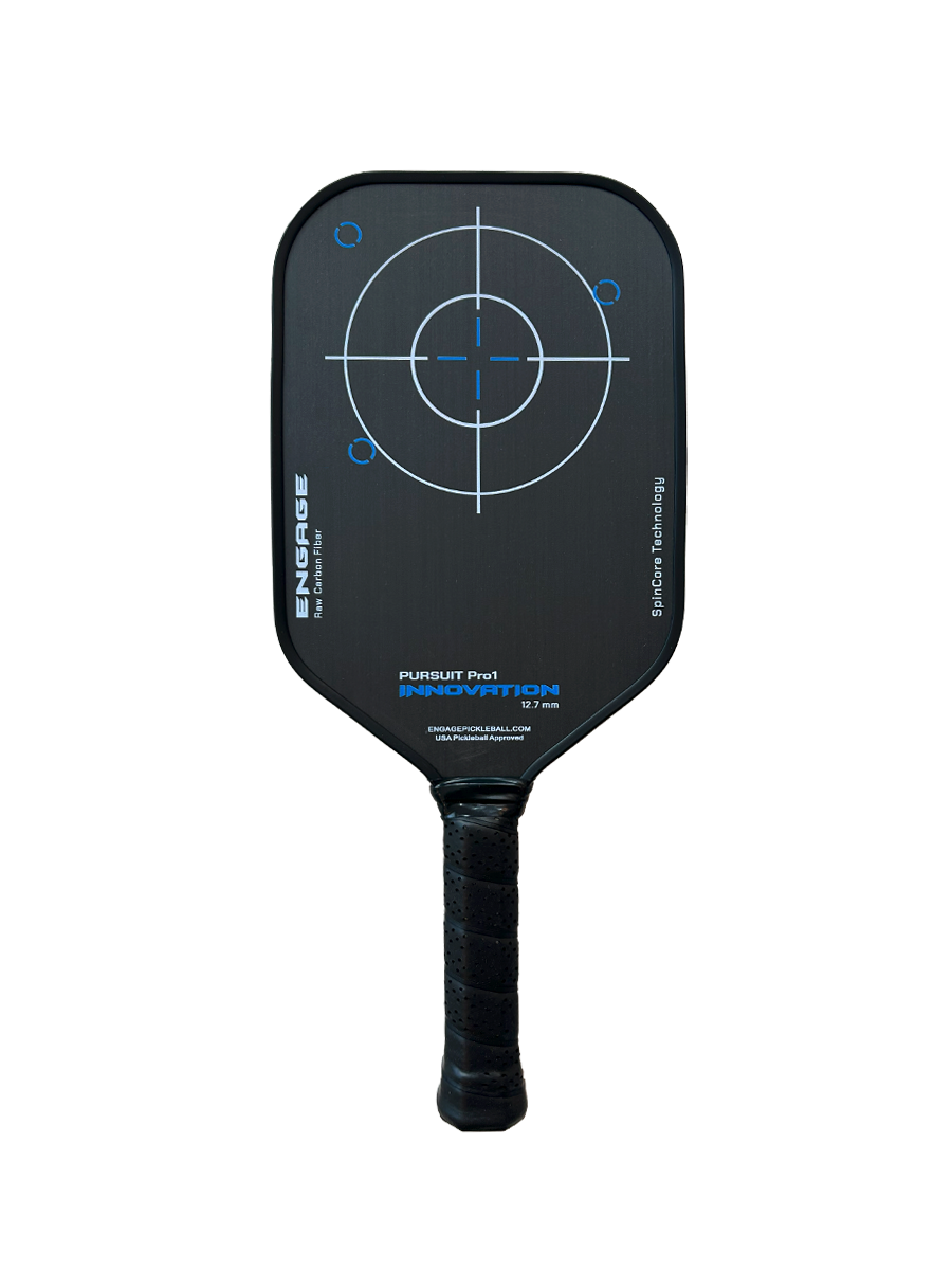 Black carbon fiber pickleball paddle by EngagePickleball, featuring a white target graphic with blue accents and a black textured grip.