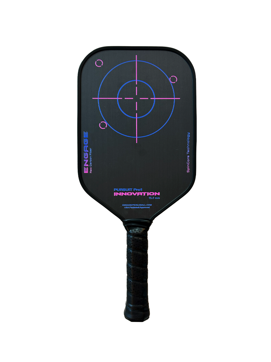Black paddle by EngagePickleball featuring pink and blue target graphics, text, and a black textured grip.