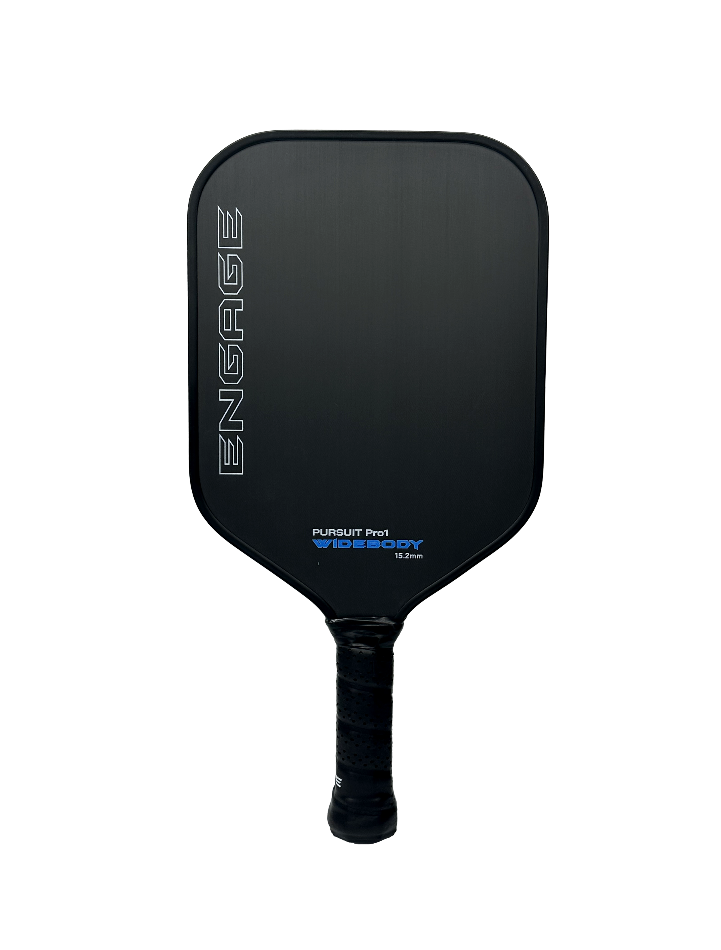 A black widebody carbon fiber pickleball paddle by EngagePickleball with blue "Pursuit Pro1 WIDEBODY" text and a white "ENGAGE" logo.