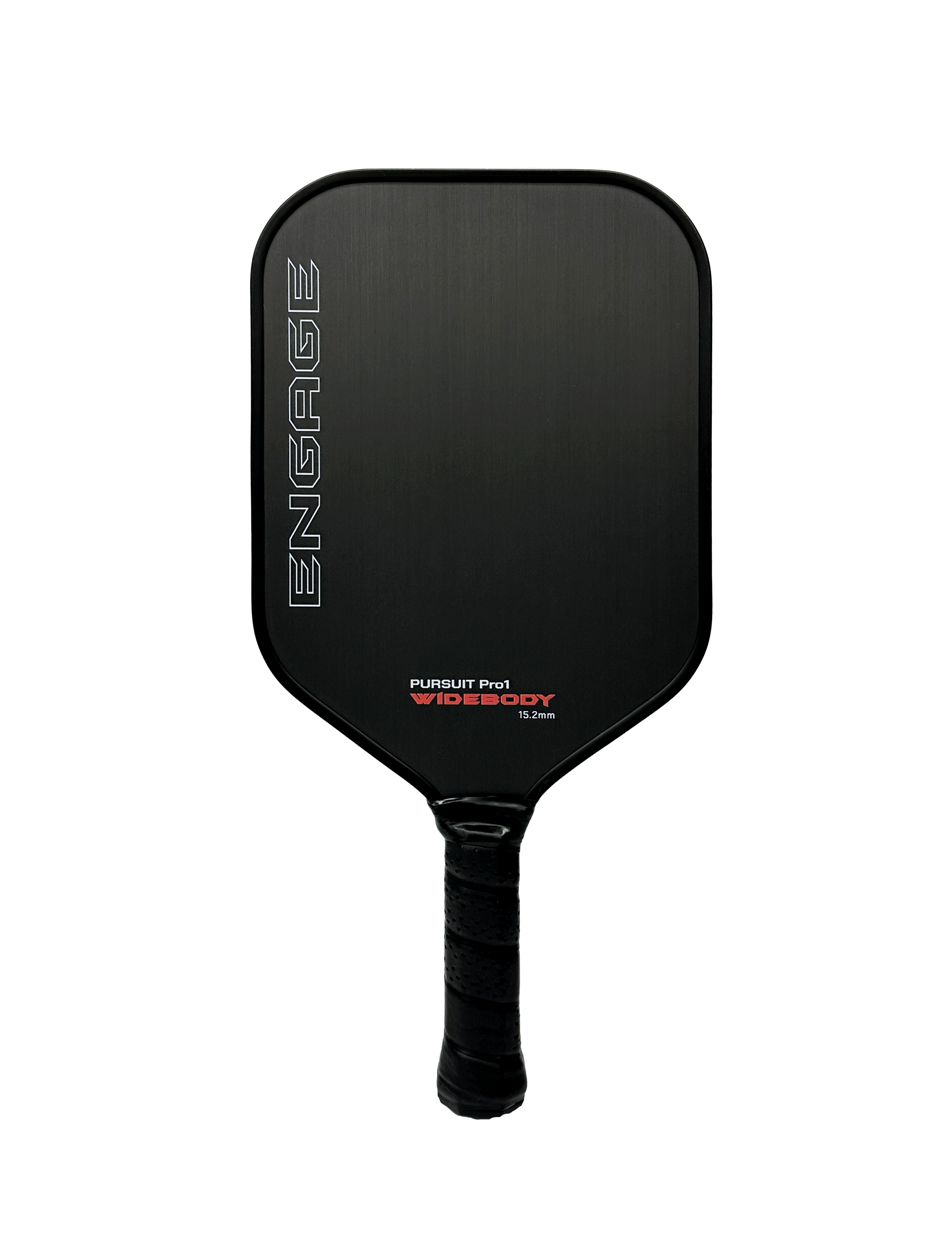 Black raw carbon fiber pickleball paddle by EngagePickleball, with white ENGAGE logo and red/white Pursuit Pro1 Widebody 15.2mm text.