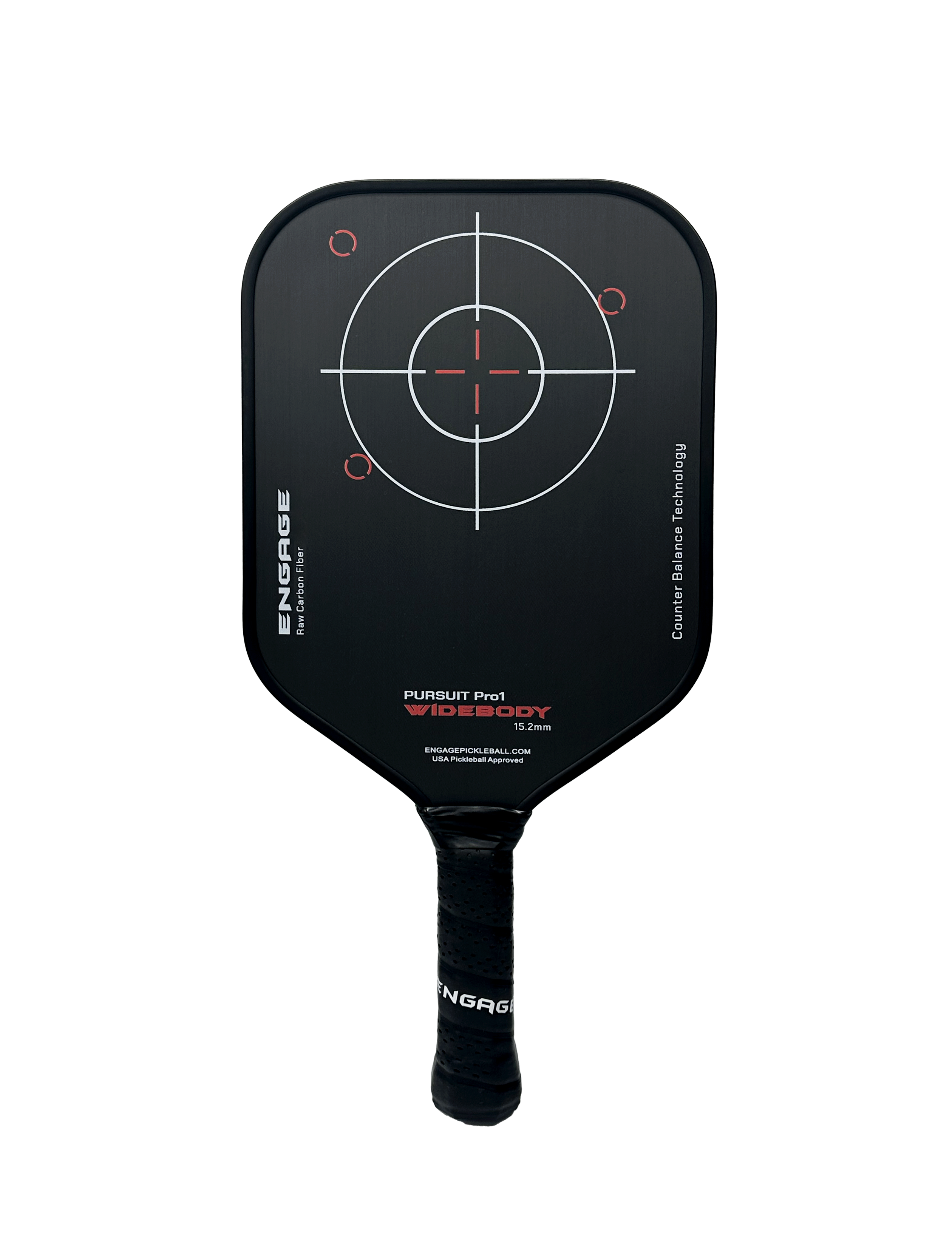 Black raw carbon fiber Pursuit Pro1 widebody pickleball paddle by EngagePickleball, featuring a white and red target graphic and black grip.