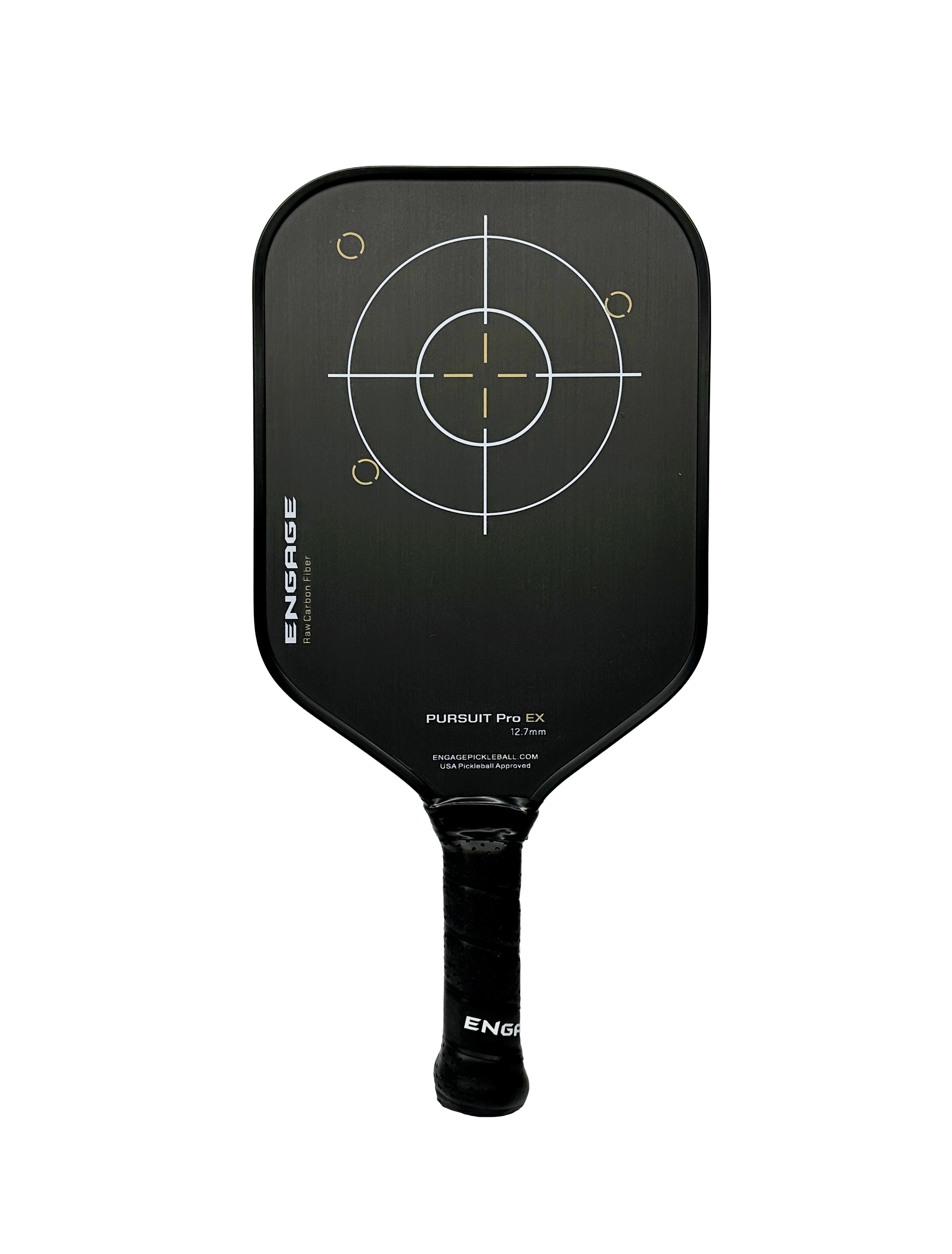 Black raw carbon fiber paddle by EngagePickleball, featuring a white and gold target graphic and product text on its face.