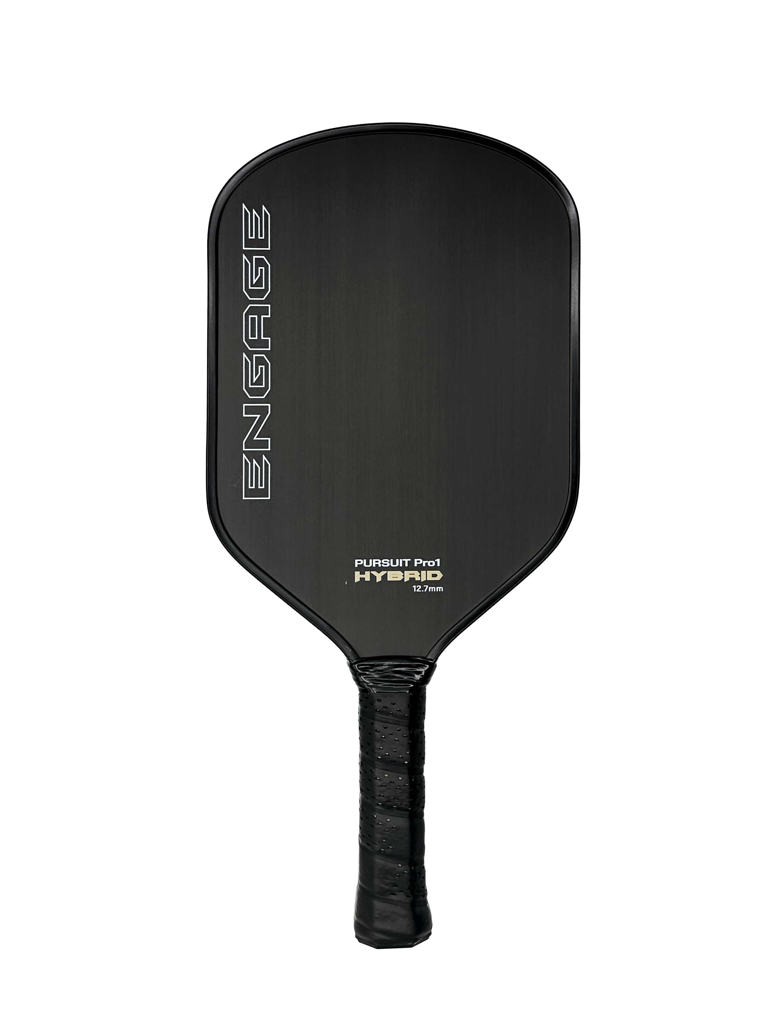 Black raw carbon fiber paddle by EngagePickleball, featuring 'ENGAGE' text and 'PURSUIT Pro1 HYBRID 12.7mm' details, with a black textured grip.