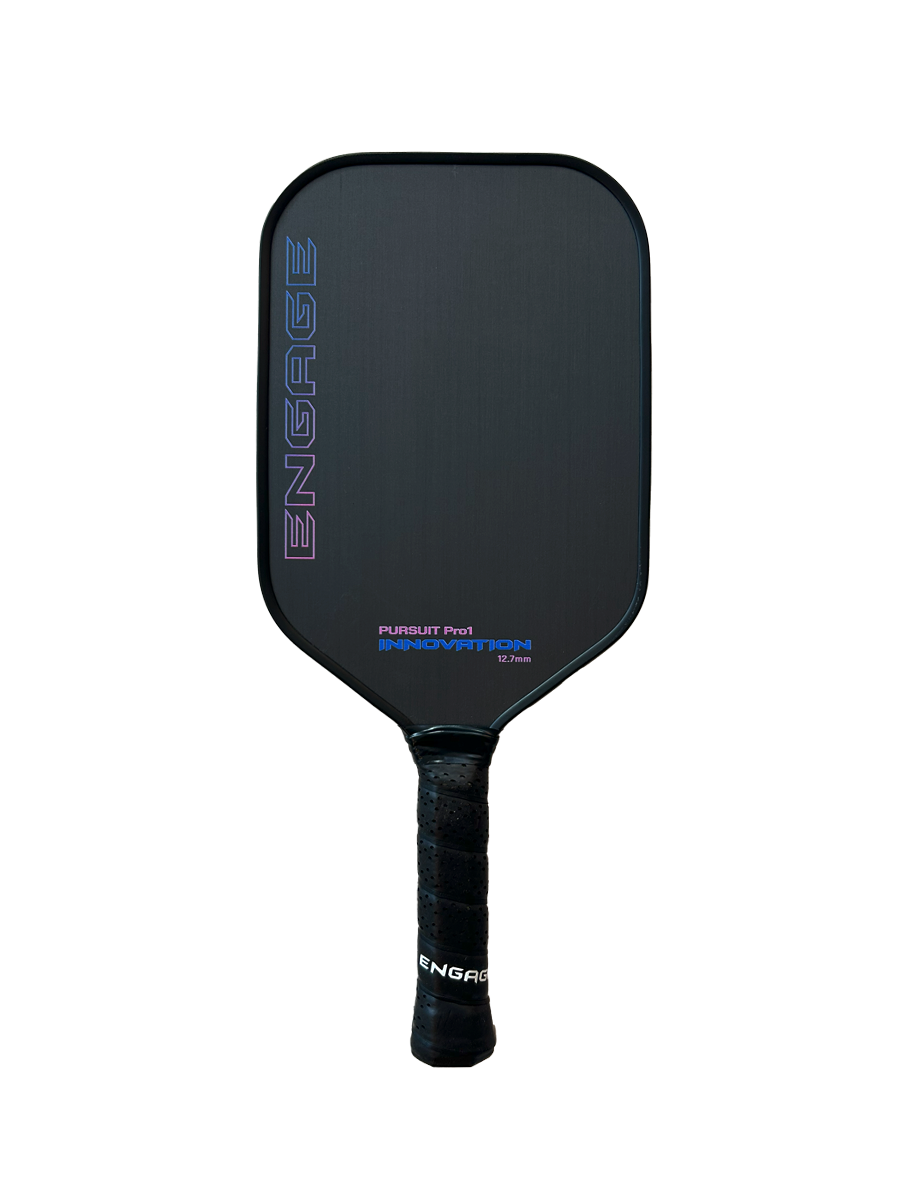 Black pickleball paddle by EngagePickleball featuring "ENGAGE" branding on the side and grip, with "PURSUIT Pro1 INNOVATION" text.