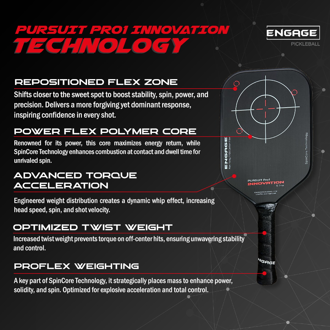 Black pickleball paddle by EngagePickleball with a white target graphic and feature descriptions in white and red text.