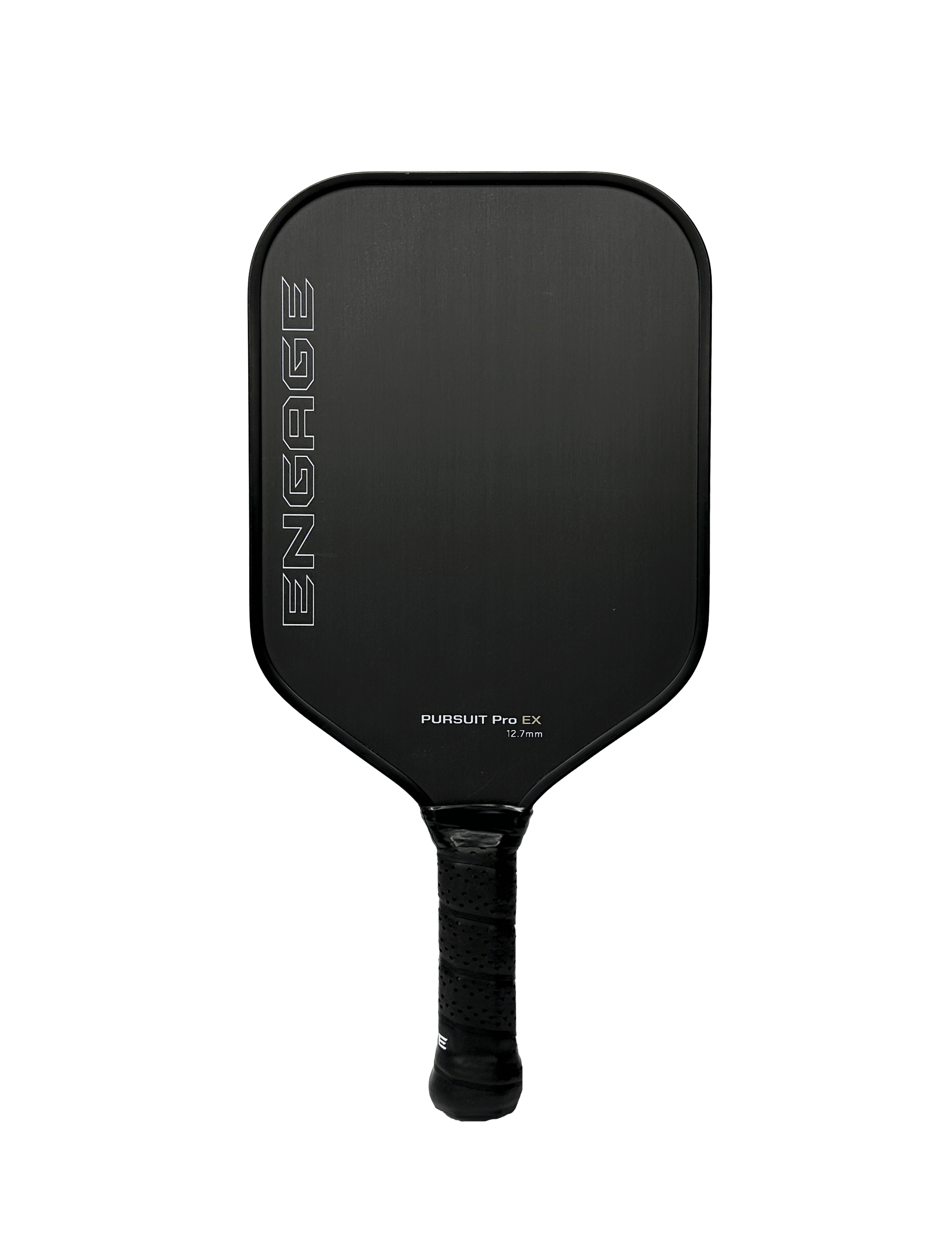 Black raw carbon fiber paddle by EngagePickleball with "PURSUIT Pro EX 12.7mm" text and a vertical "ENGAGE" logo.