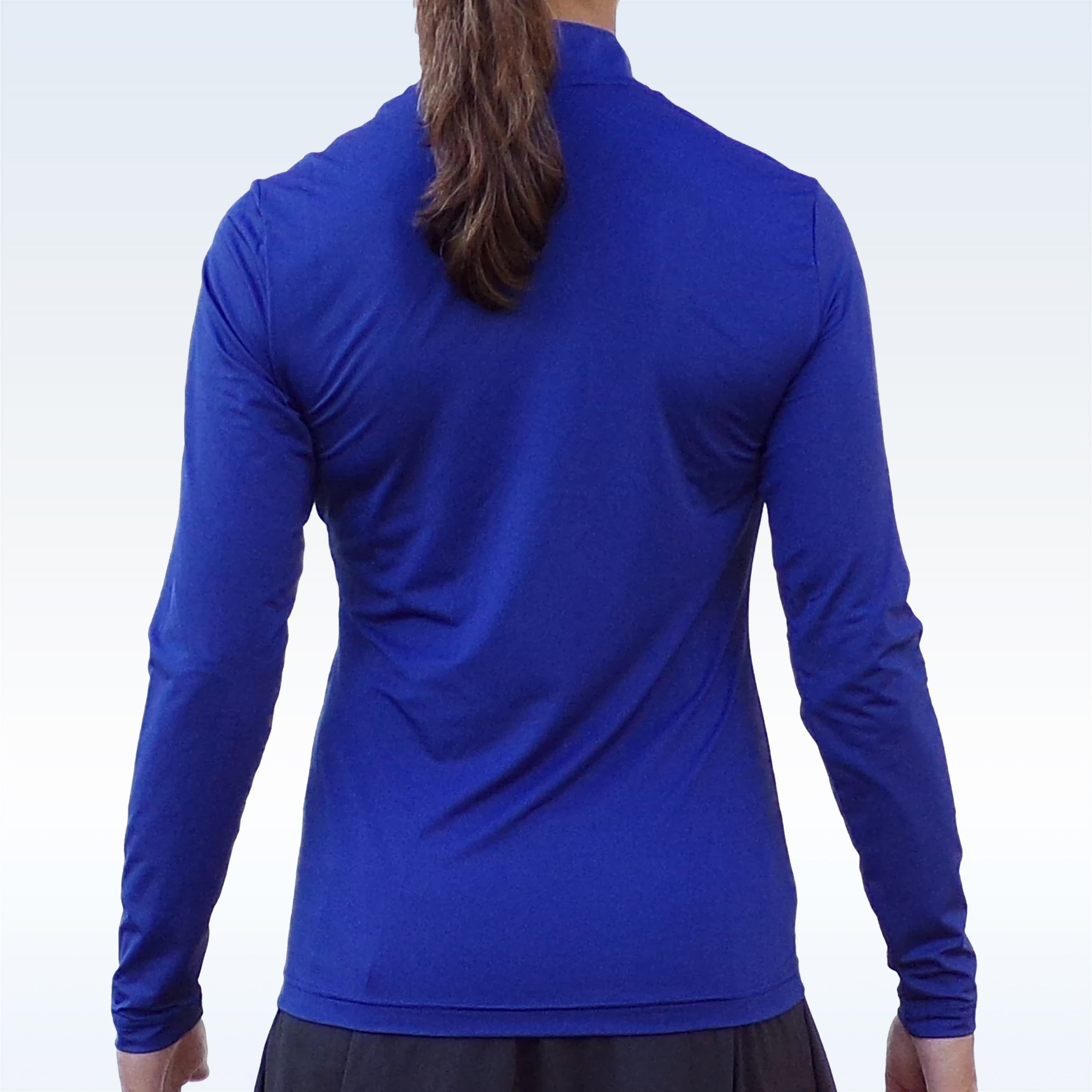Navy long sleeve 1/4 zip pullover with stand-up collar by Pickleball Bella, back view on a person with a ponytail.