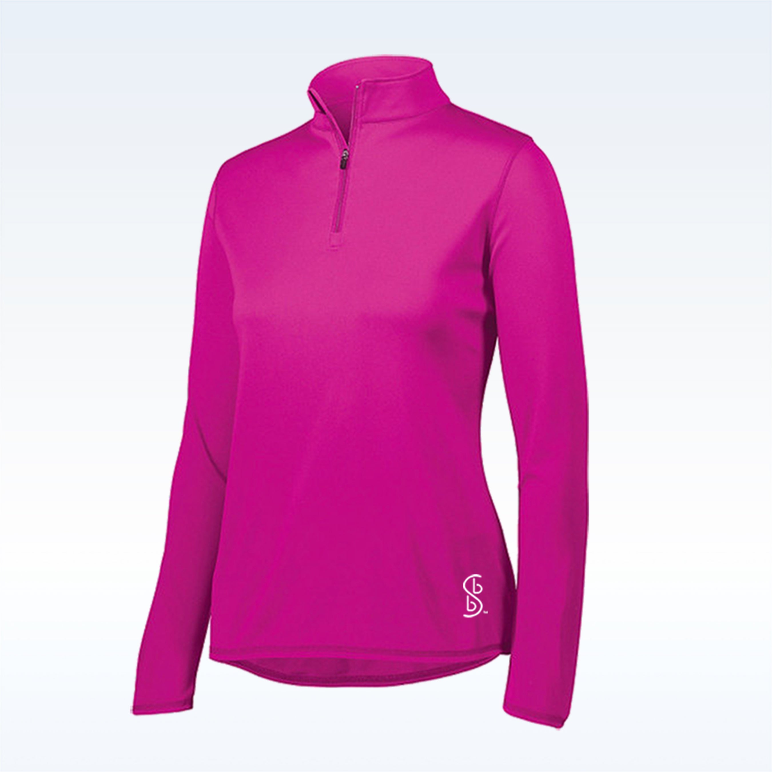 Pink long sleeve 1/4 zip pullover by Pickleball Bella with a high collar and a small white stylized logo on the lower right.