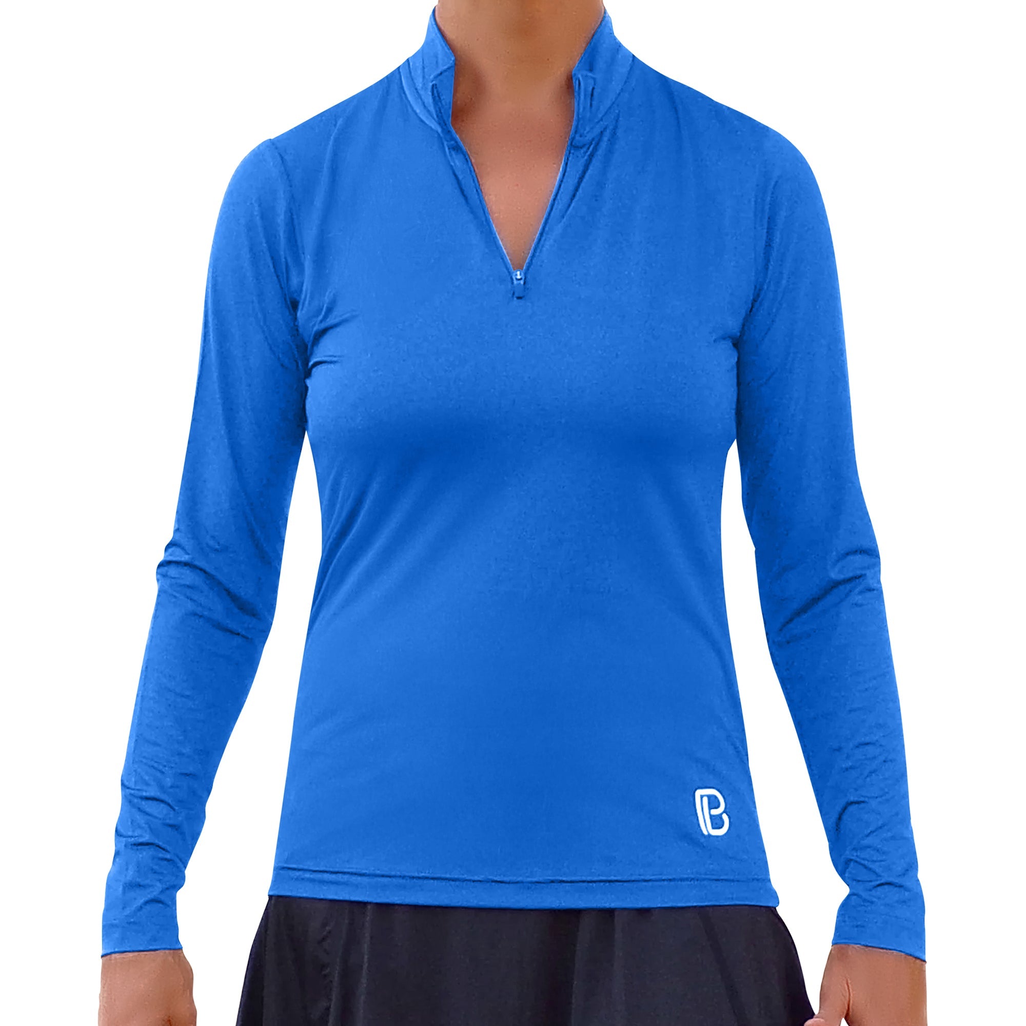 Royal blue 1/4 zip pullover by Pickleball Bella with long sleeves, a stand collar, and a white logo on the left hem, worn over a black skirt.