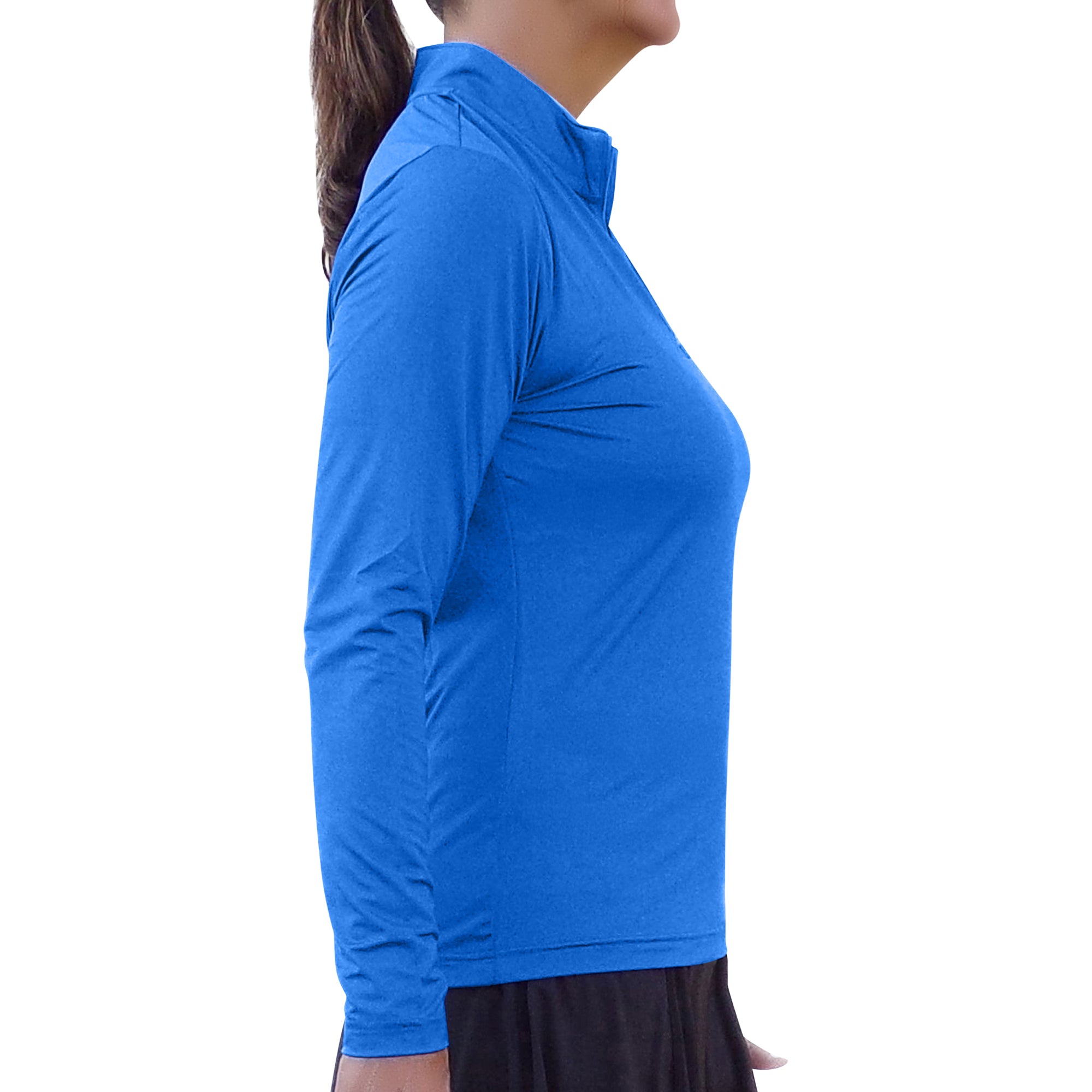 Royal Blue Long Sleeve 1/4 Zip Pullover by Pickleball Bella, side view on a model wearing a black skirt.