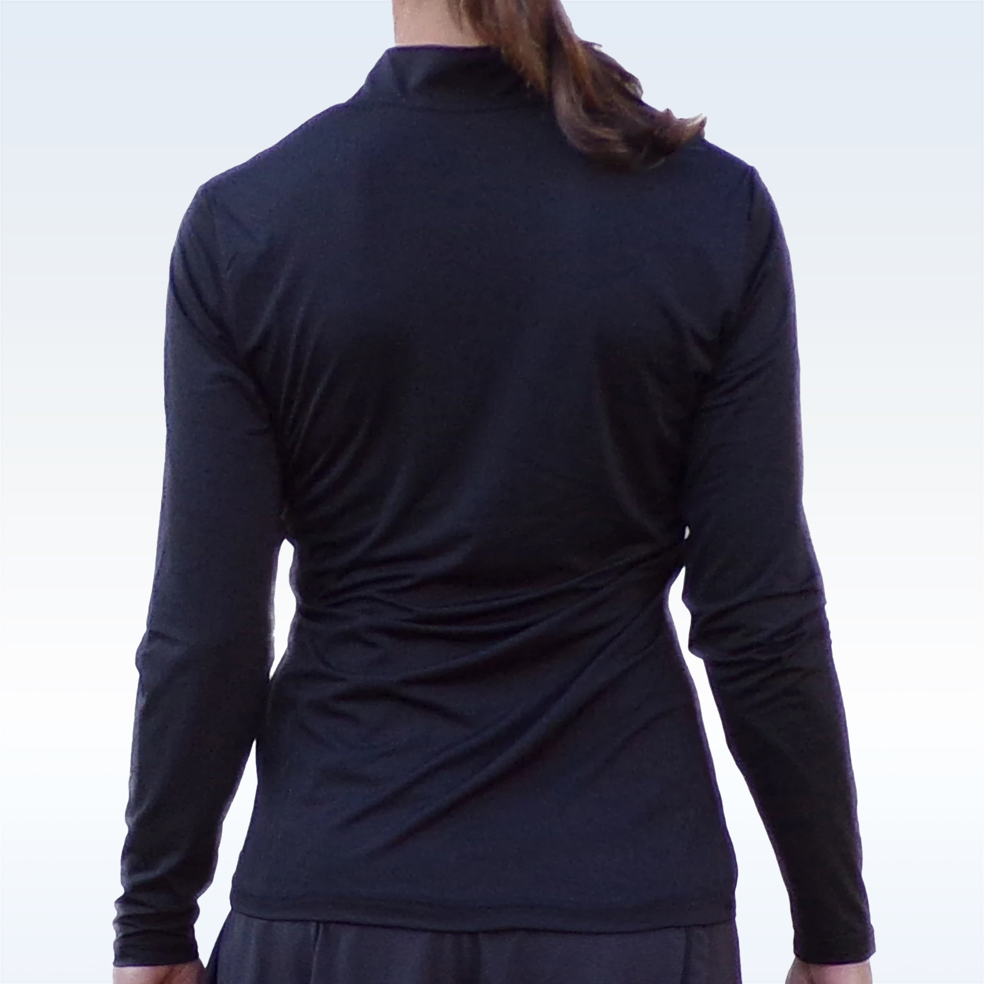 Black 1/4 zip long-sleeve pullover by Pickleball Bella with a mock neck and subtle texture, back view.