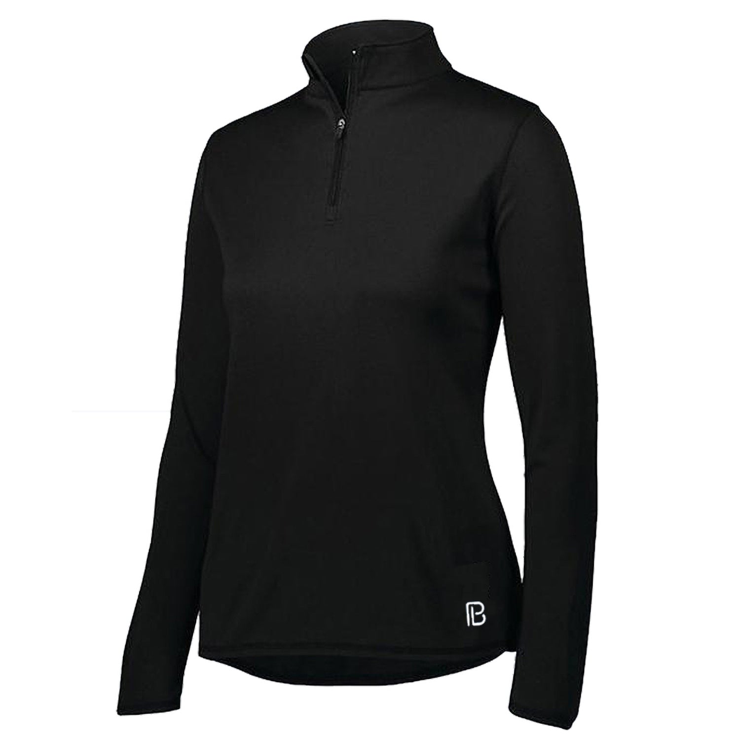 Black long sleeve 1/4 zip pullover by Pickleball Bella with a high collar and a small white 'B' logo.