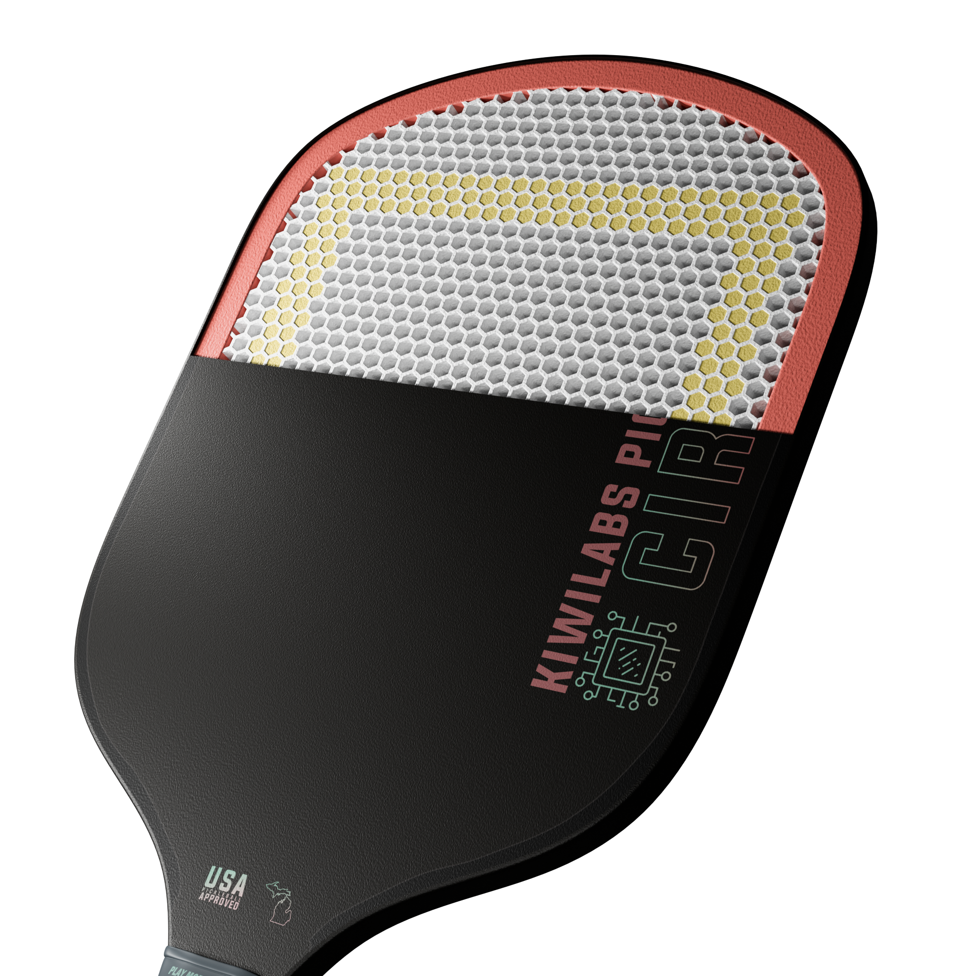 Black and coral pickleball paddle.