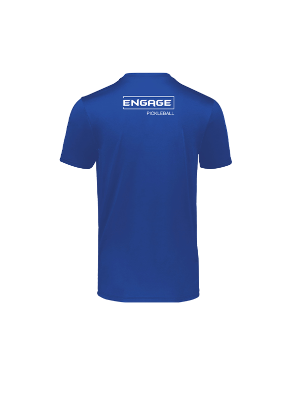 Royal blue men's t-shirt by EngagePickleball, back view, with a white boxed 'ENGAGE' logo and 'PICKLEBALL' text.