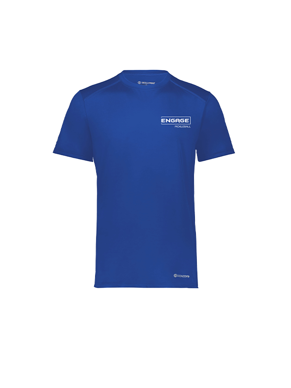 Blue men's short-sleeve athletic tee by EngagePickleball, with "ENGAGE PICKLEBALL" logo on chest, "HOLLOWAY" on neck, and "coolcore" on hem.