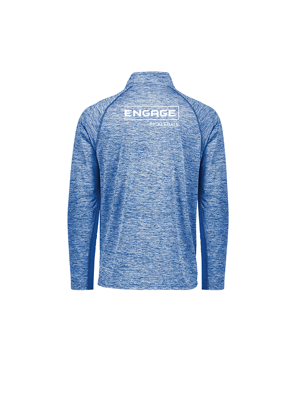 Men's blue heathered 1/2 zip pullover by EngagePickleball, with white logo on the back, back view.